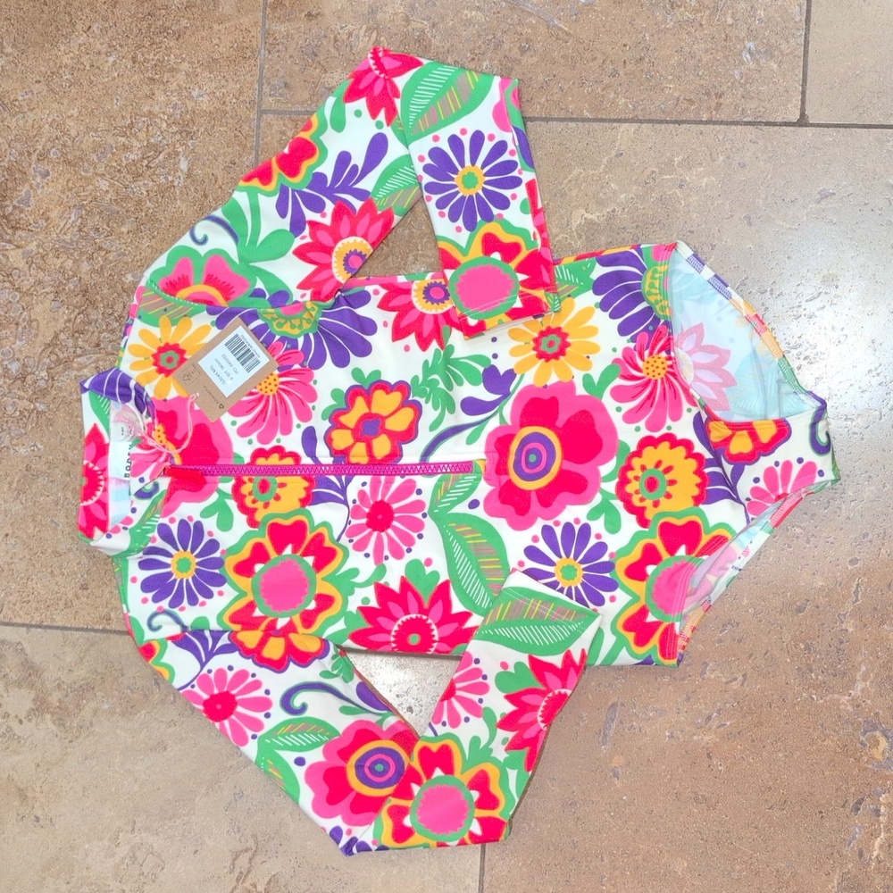 Mini Boden girl one piece rash guard. Red and green floral. Size 9-10Y.